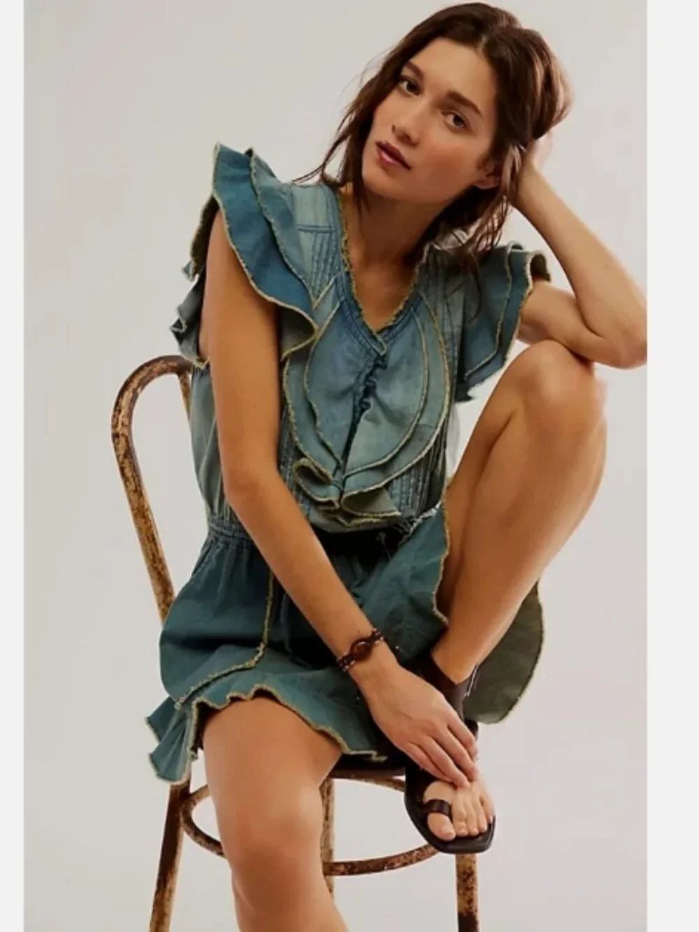 Free People Light Blue Washed Denim Ruffle Romper - Picture 16 of 16